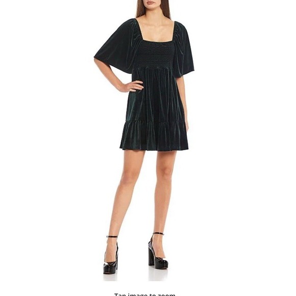 Chelsea & Violet Dresses & Skirts - C&V Chelsea & Violet Smocked Ruffle Hem Mini Dress Women's Sz L Black Velvet NWT